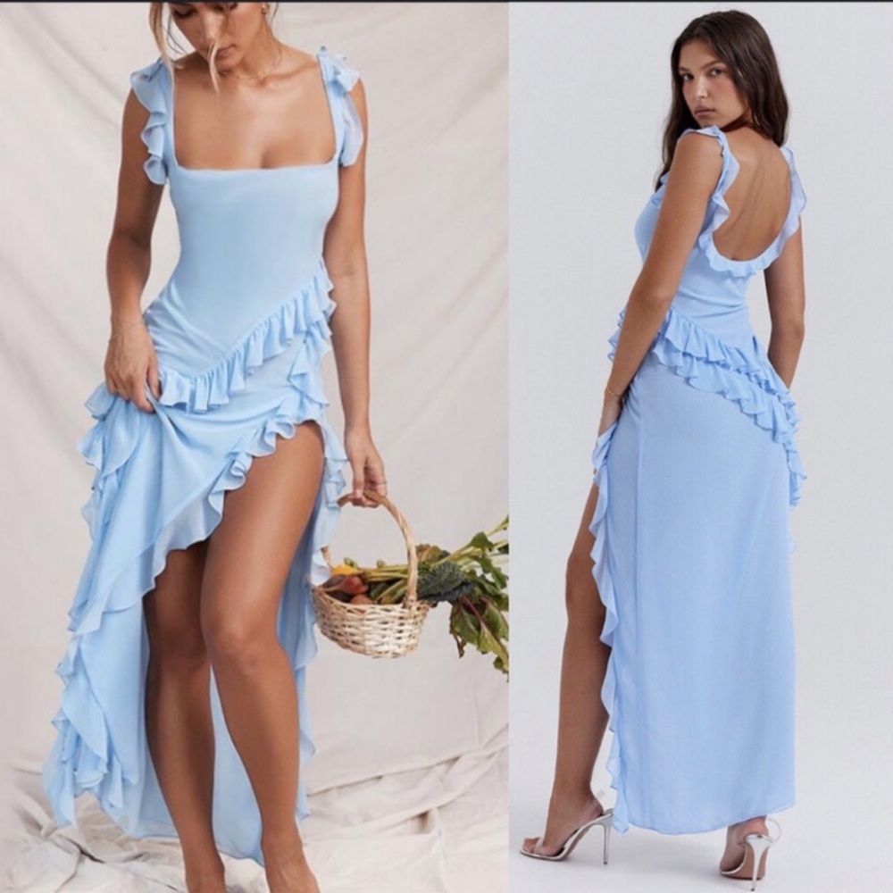 HOUSE OF CB 'Ariela' Soft Blue Ruffle Maxi Dress NWOT size S - Picture 2 of 16